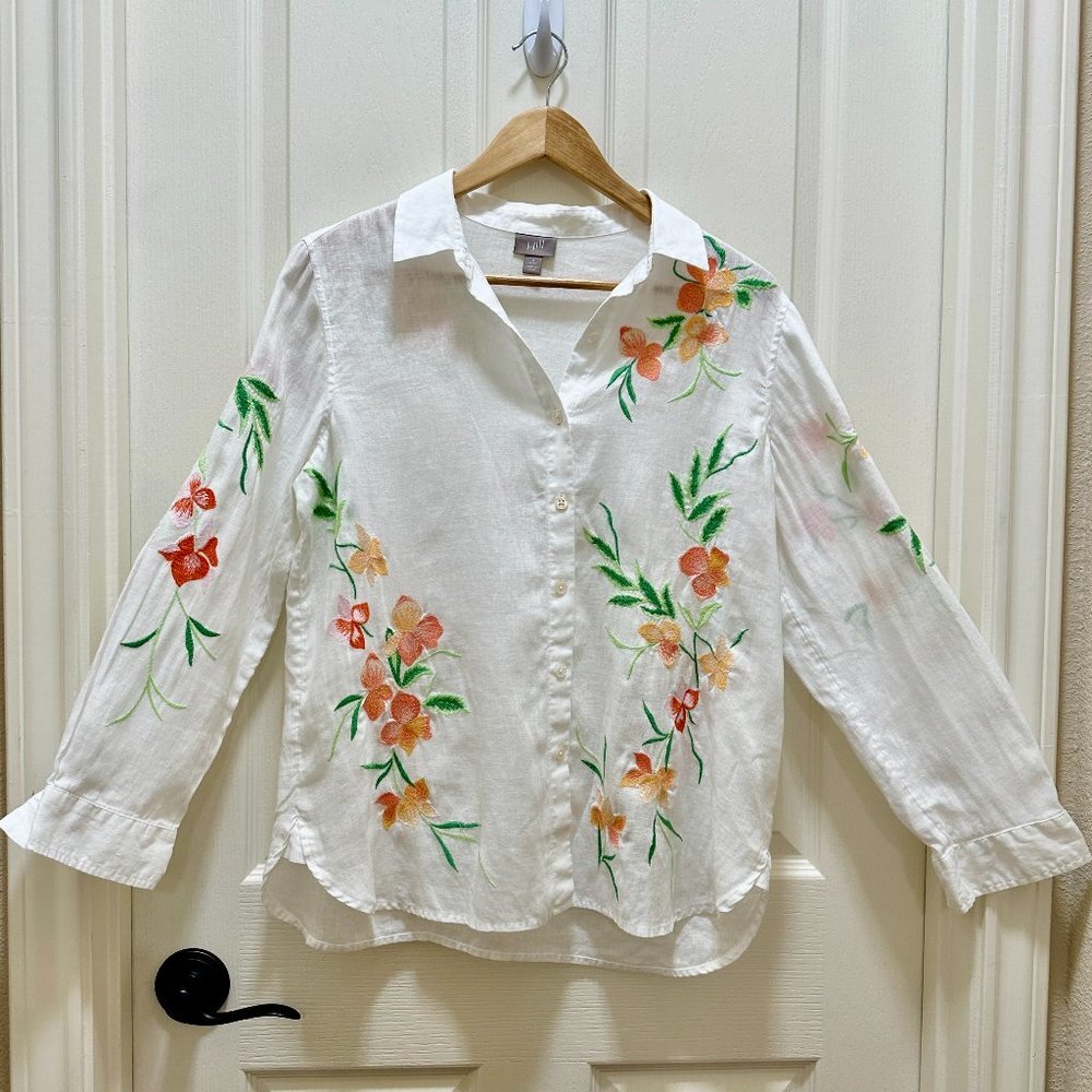J.Jill 100% Linen Embroidery Shirt Blouse Women's Size S White Floral Button Up - Picture 16 of 16